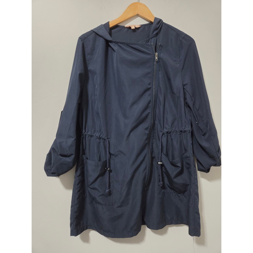 Free Heart Womens Navy‎ Blue Asymmetrical Zip Hooded Windbreaker Jacket Large